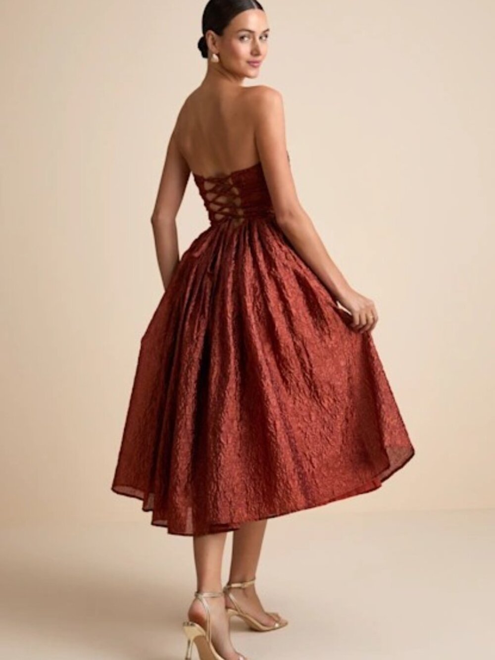 Lulus Analeia Rust Jacquard Lace-up Strapless Midi Dress Red - Size L - Picture 2 of 5